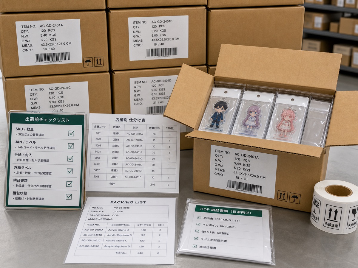 Carton labels, store-by-store allocation, and DDP delivery preparation for original anime-style acrylic goods