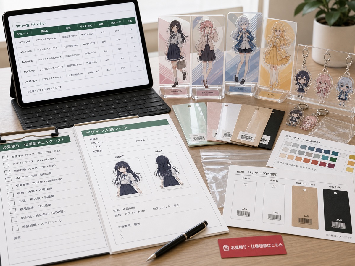 Pre-quote documents, specification sheets, and original anime-style product samples for retail acrylic goods OEM