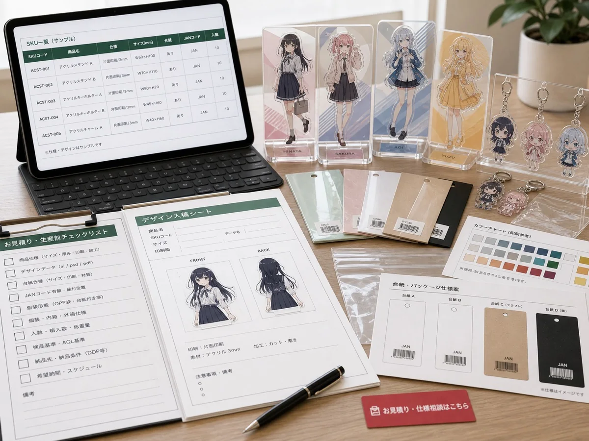 Pre-quote documents, specification sheets, and original anime-style product samples for retail acrylic goods OEM