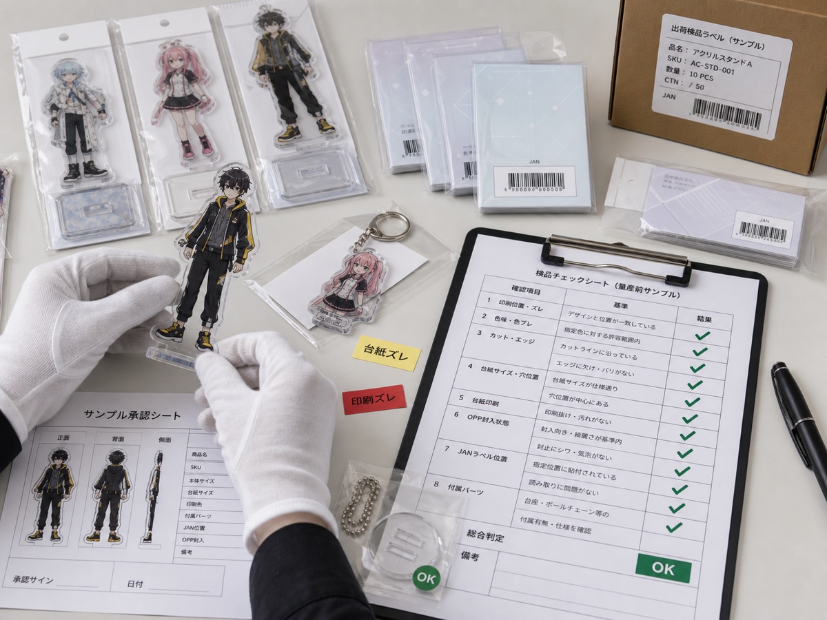 Sample approval and inspection for original anime-style acrylic goods, printing, backing cards, OPP bags, and JAN placement