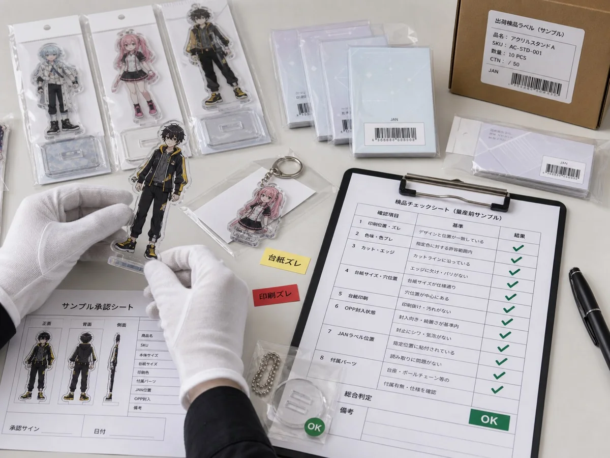 Sample approval and inspection for original anime-style acrylic goods, printing, backing cards, OPP bags, and JAN placement