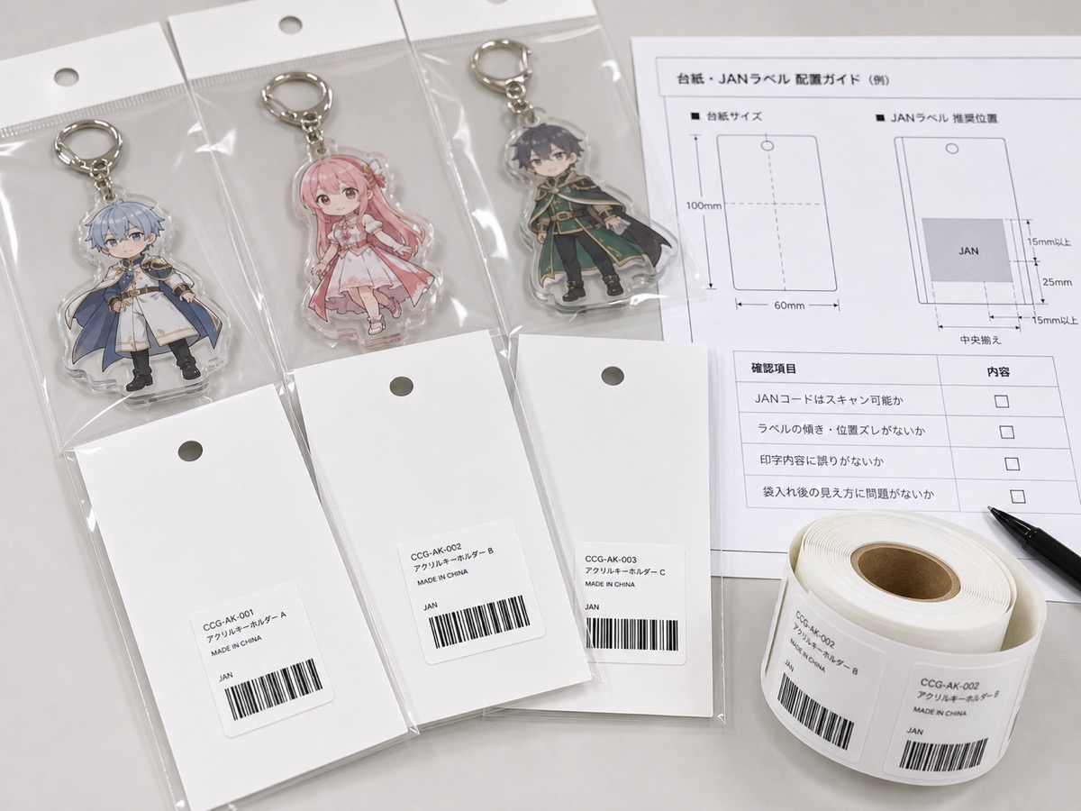 Back-side JAN label placement and packaging check for original anime-style acrylic keychains