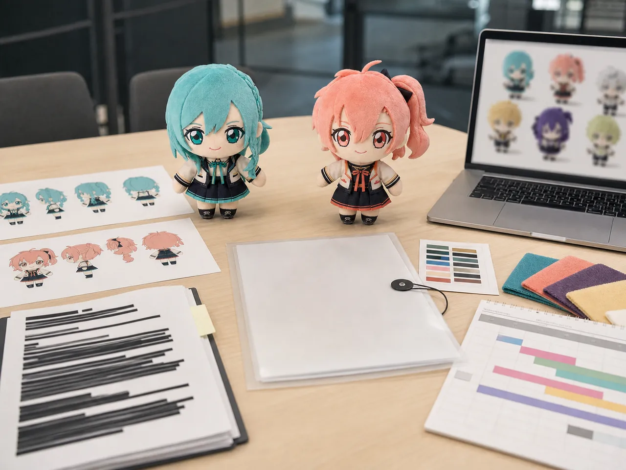 NDA approval documents and launch planning for official anime game plush