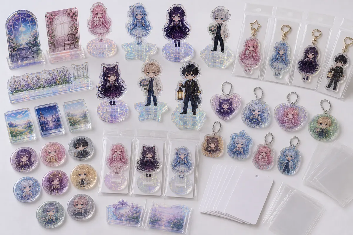 Aurora acrylic stands with iridescent color-shift material for custom OEM production