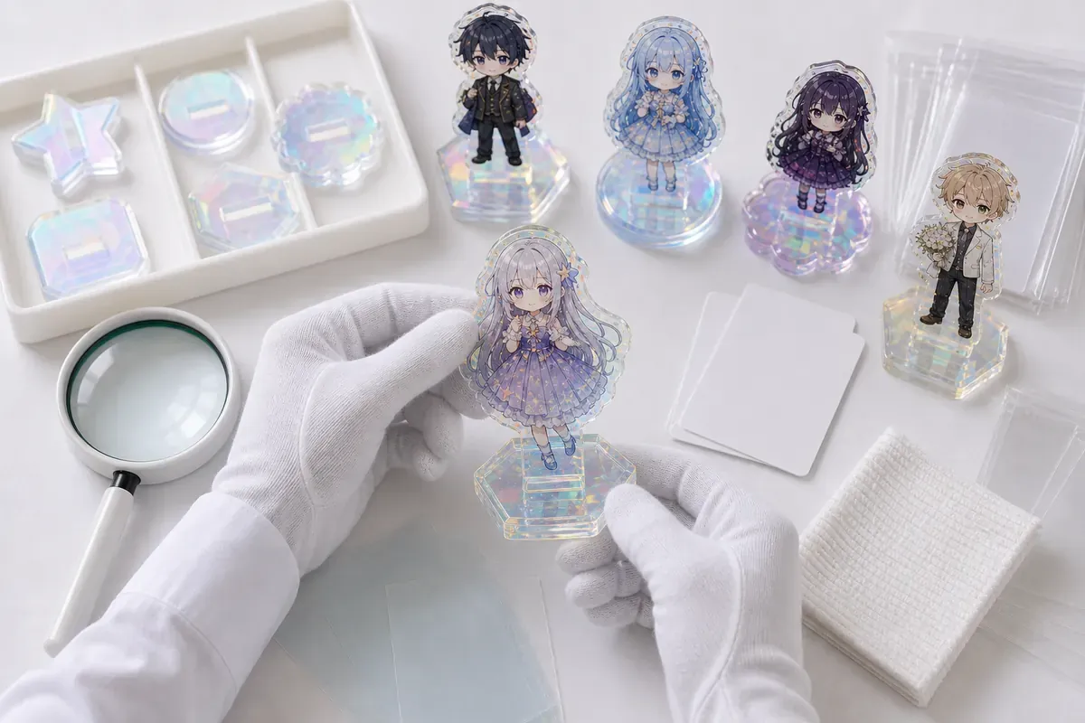 Aurora acrylic stand inspection under angled light for film direction and print visibility