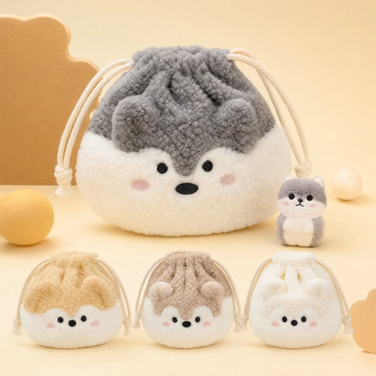 ブラインド販売やSKU分けに使える動物顔ぬいぐるみ巾着の色違いサンプル