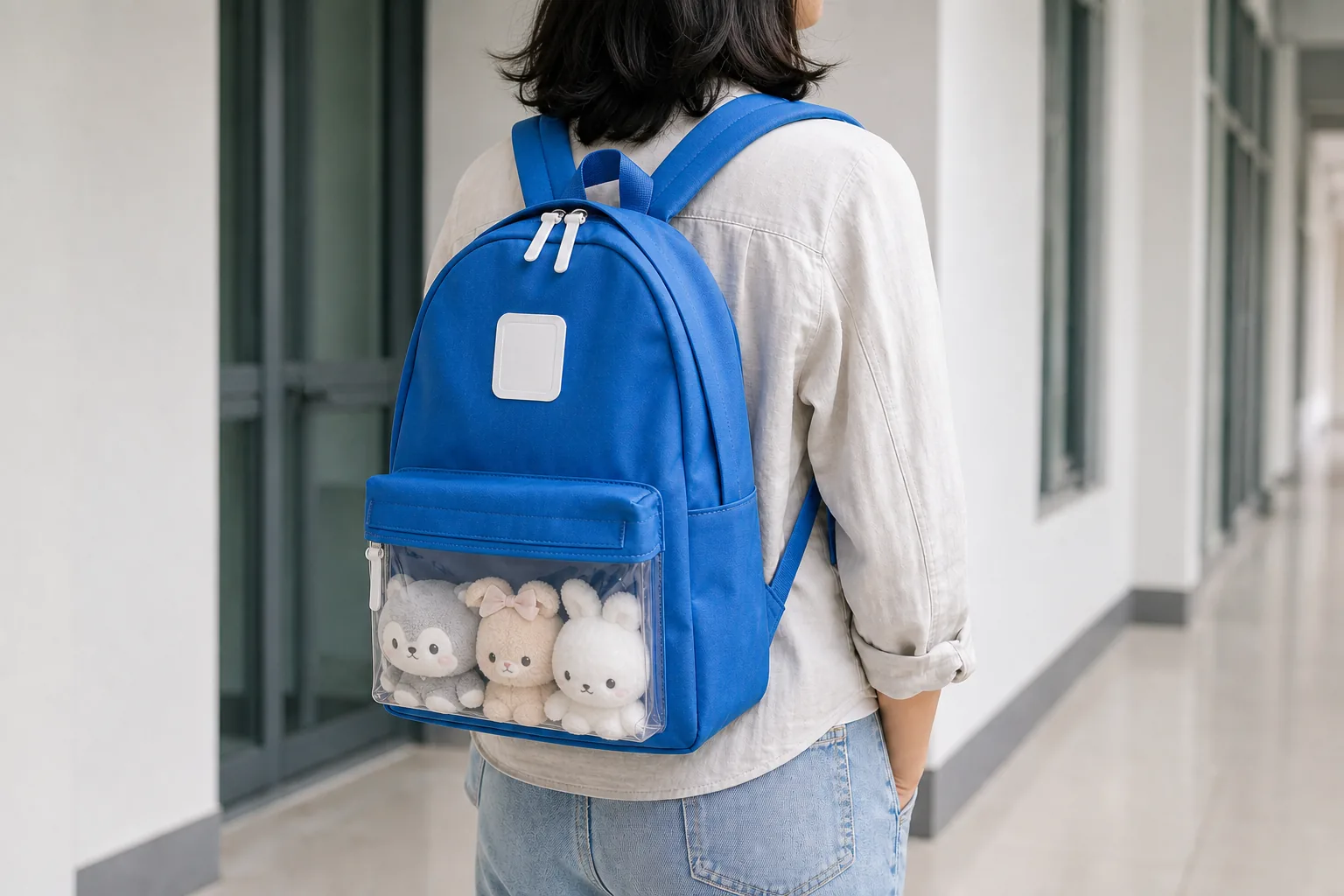 Custom clear-window ita backpack wearing sample Blue custom clear-window ita backpack worn on the back for display position review