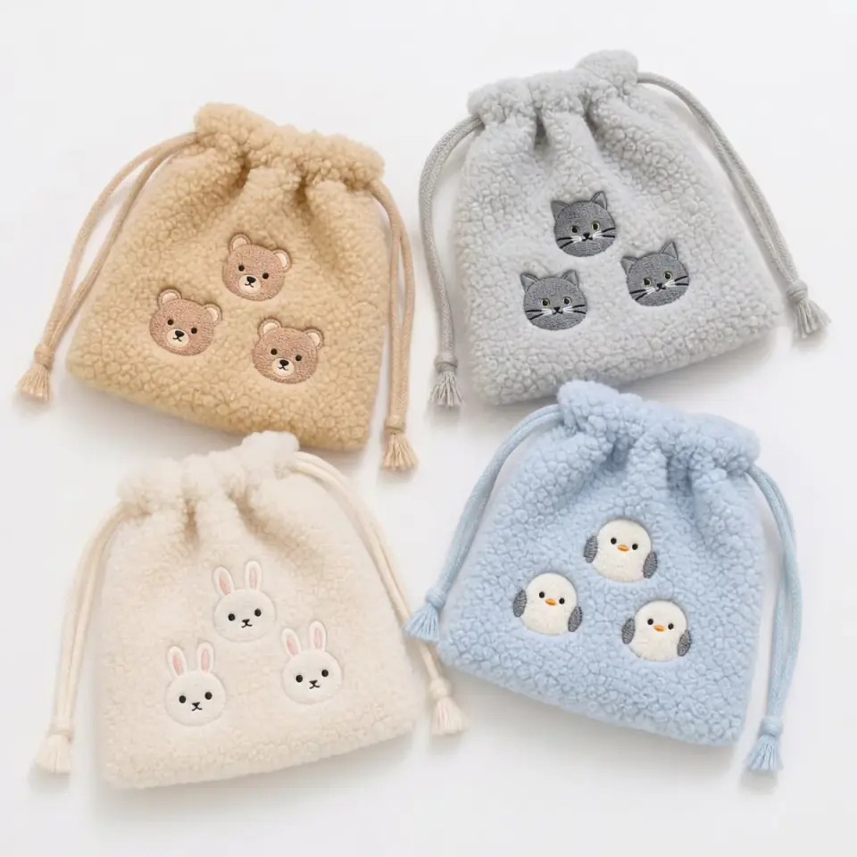 共通型紙と刺繍ワッペンで展開するボア巾着SKU ボア巾着に小さな動物刺繍ワッペンを配置した四色サンプル