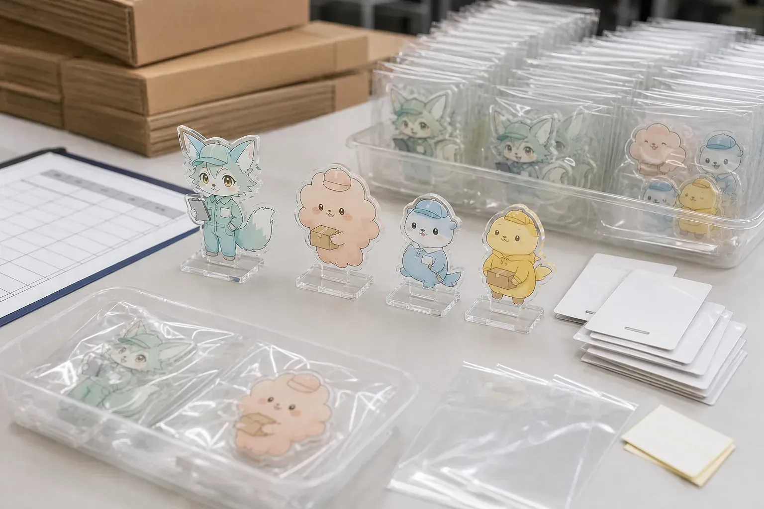 Retail packaging and backing card options for cafe collaboration acrylic goods