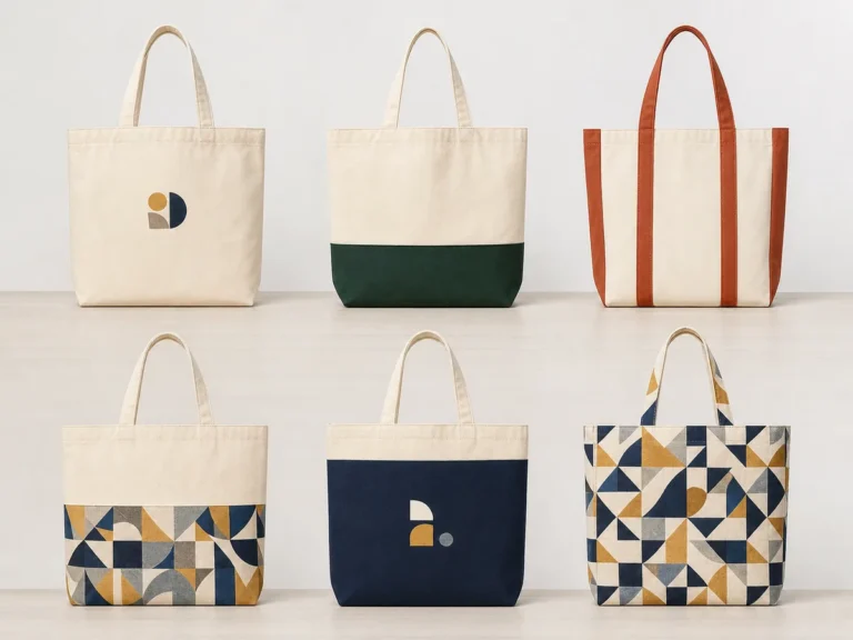 Canvas tote panel color-blocking and print design variations