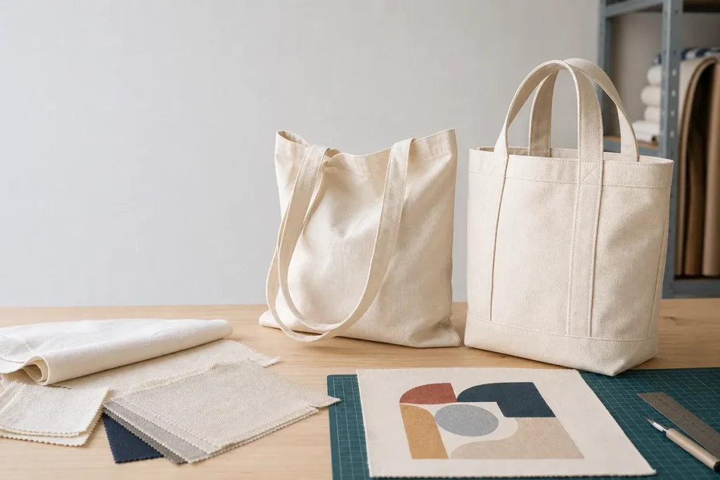 Custom canvas tote OEM comparison of fabric weight bag structure and printing samples
