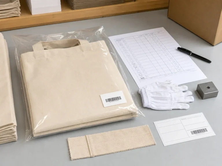 Custom canvas tote individual packing SKU label and QC checklist