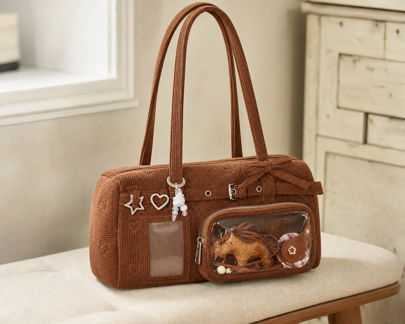 caramel custom display bag with a clear window and corduroy-like material reference