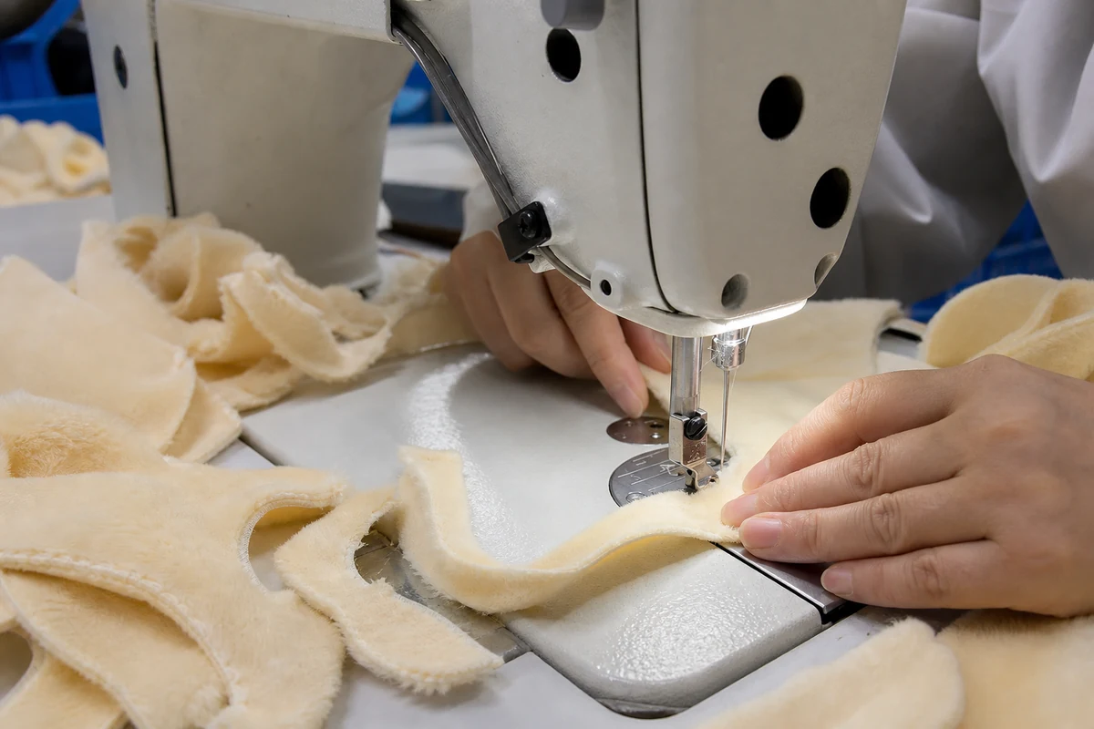 ぬいぐるみの生地パーツをミシンで縫製する工程