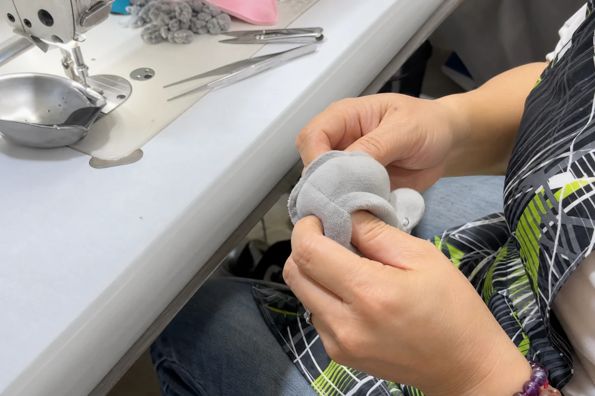 Sewn plush shell turned right side out before stuffing