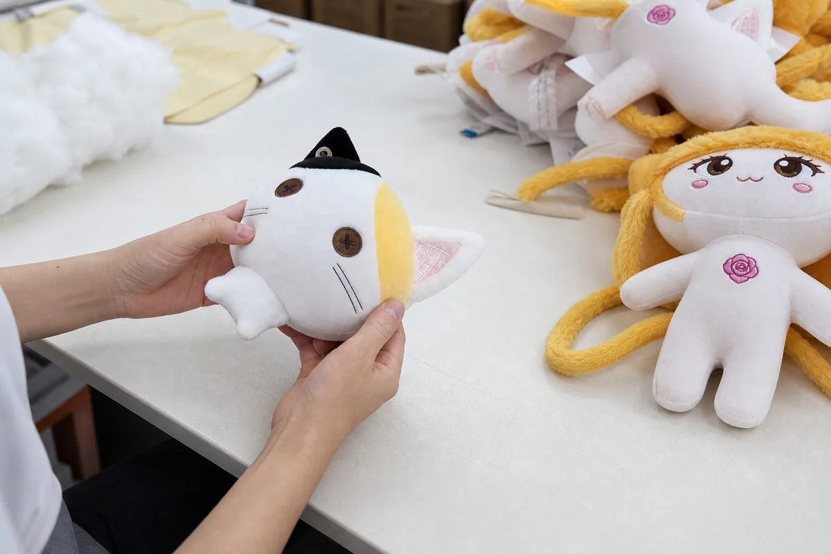 Custom plush sample and semi-finished pieces reviewed on a factory table