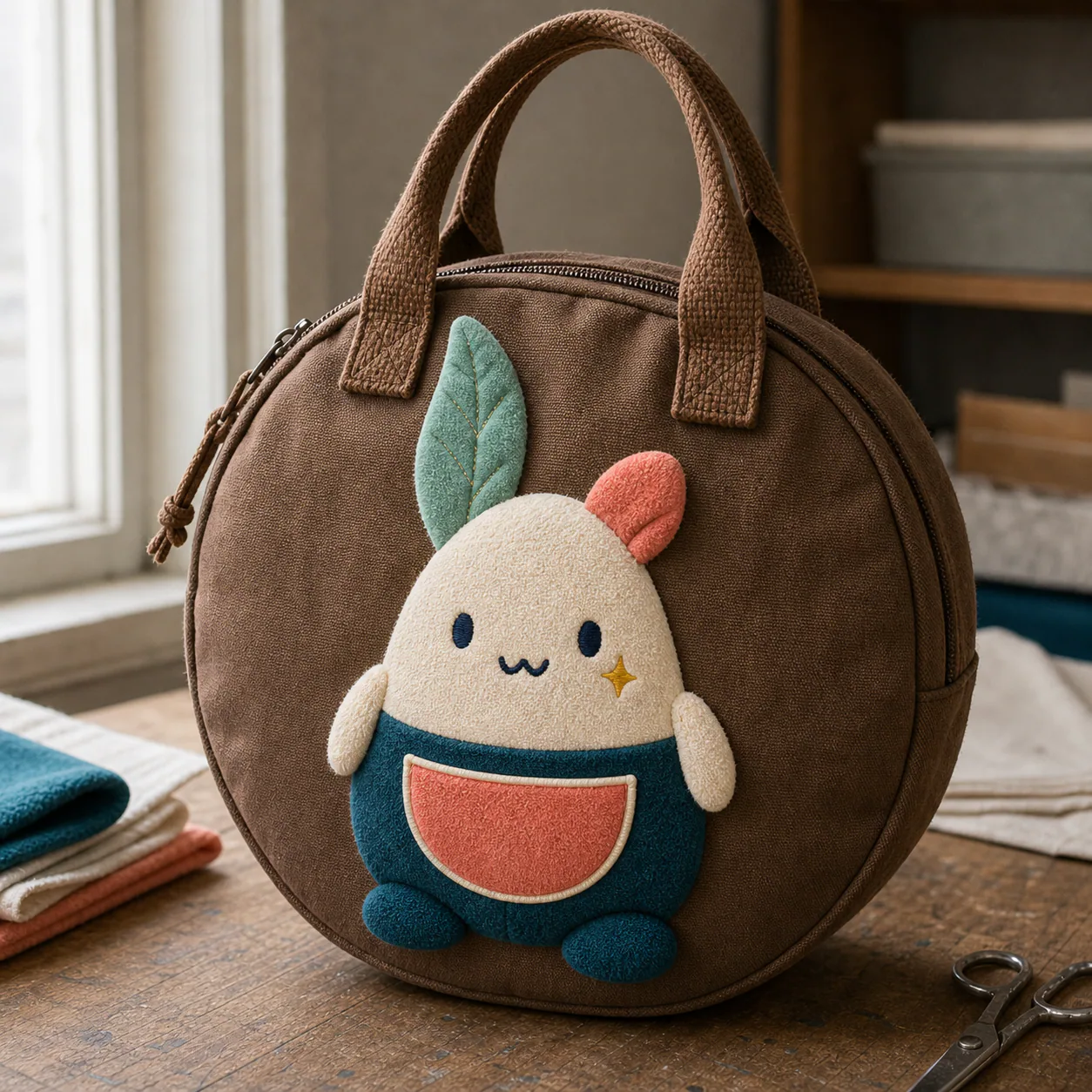 Concept image of character applique placement on a round canvas bag