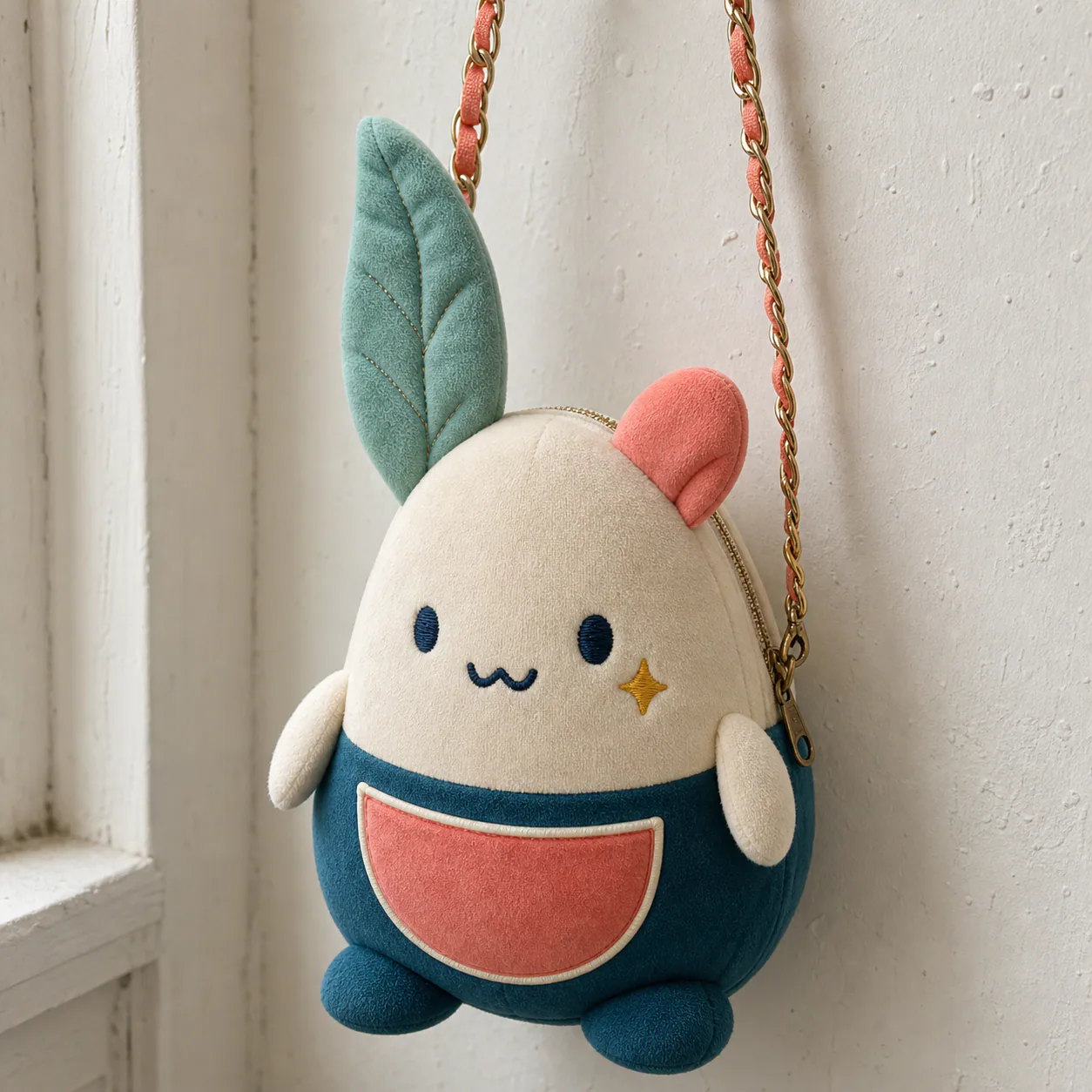 Concept image showing a plush-shaped bag zipper, chain, and panel junctions