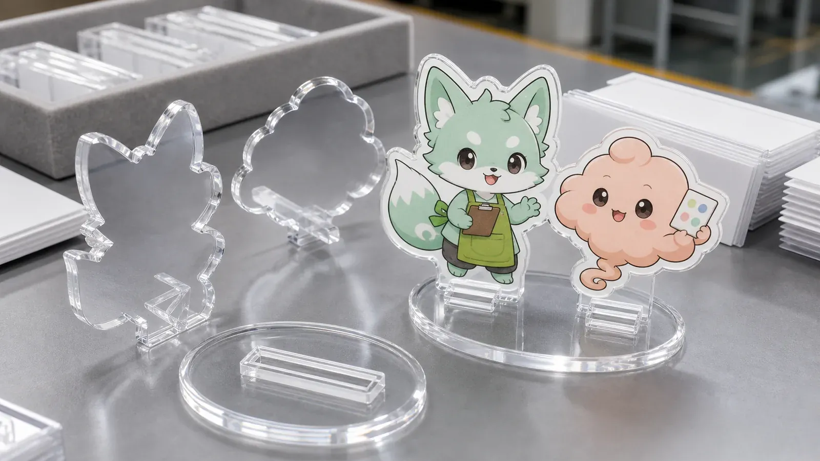 Clear acrylic stand sample for checking transparency, white ink, cut edge and base slot