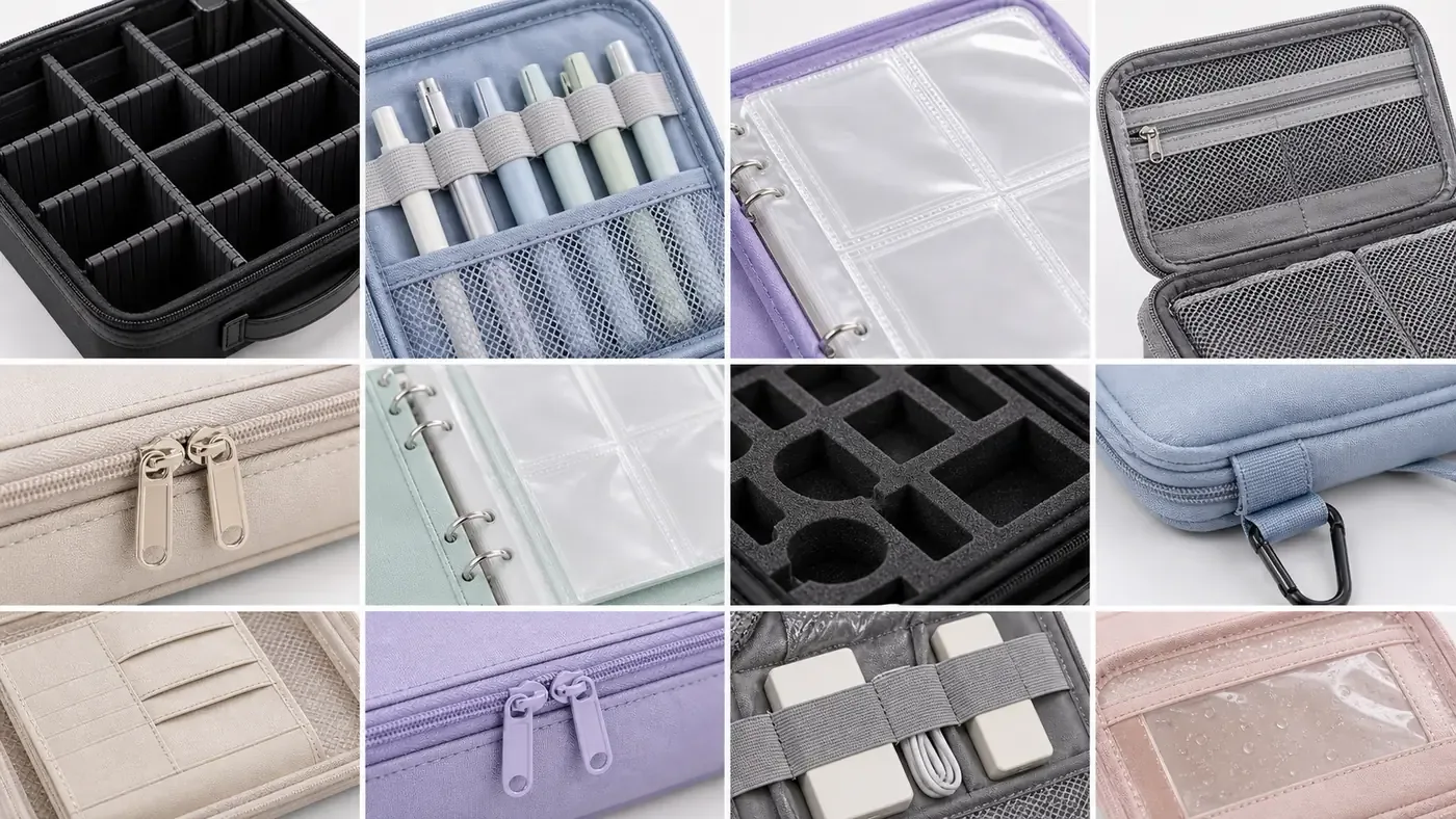 Internal dividers elastic bands clear pockets and mesh compartments in a custom carrying case