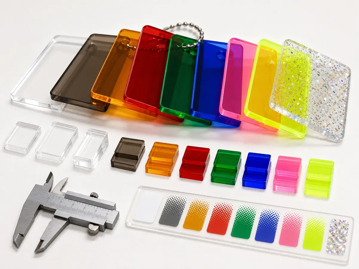 Transparent translucent and glitter colored acrylic material swatches for sample approval