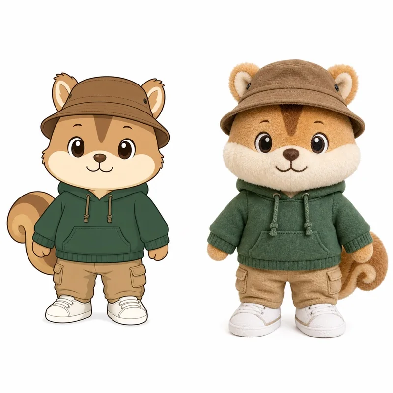 Comparison of 2D design and costumed physical sample for a squirrel corporate character plush