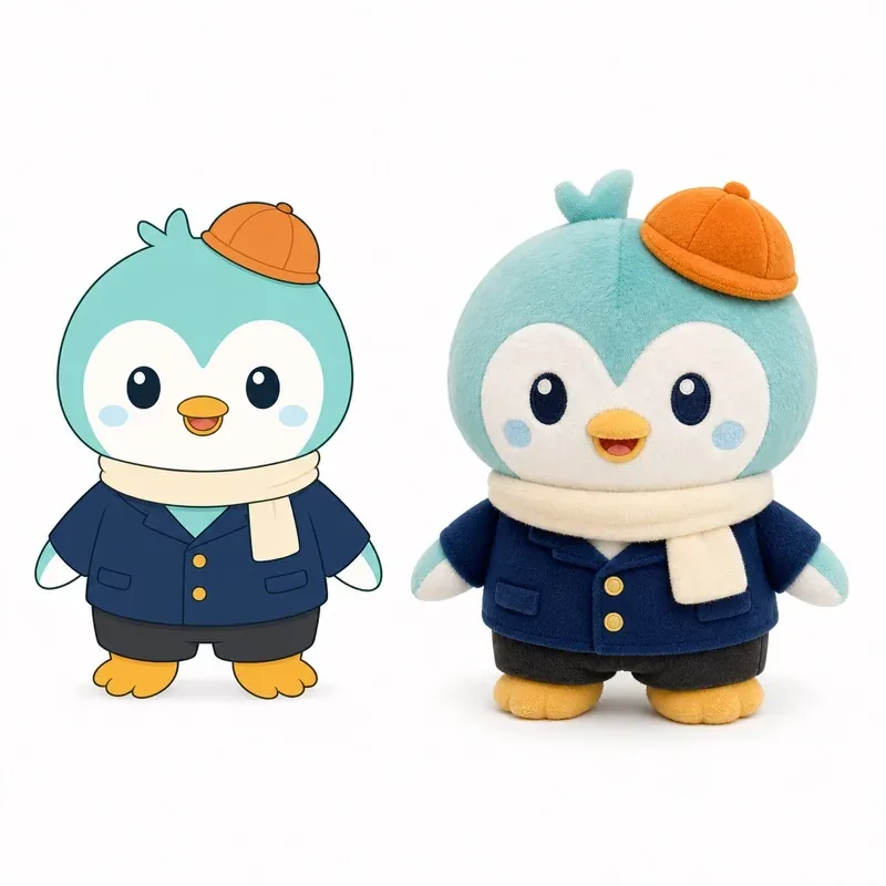 Corporate character design-to-plush OEM comparison