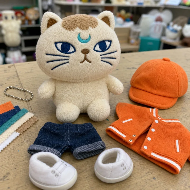 Specification review image showing the nude plush body, removed hat, clothing, pants, shoes, fabric swatches, and ball chain