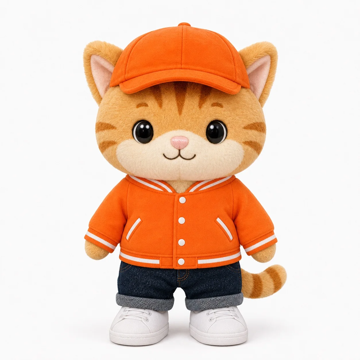 Physical cat character plush sample produced from 2D design artwork