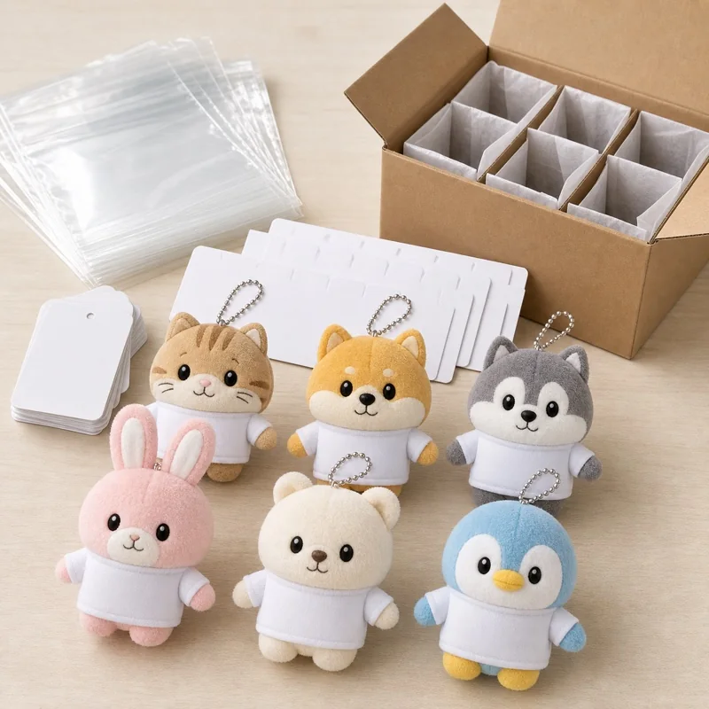 QC image for mini plush with ball chain, individual bag, blank tag, SKU sorting, and shipping carton