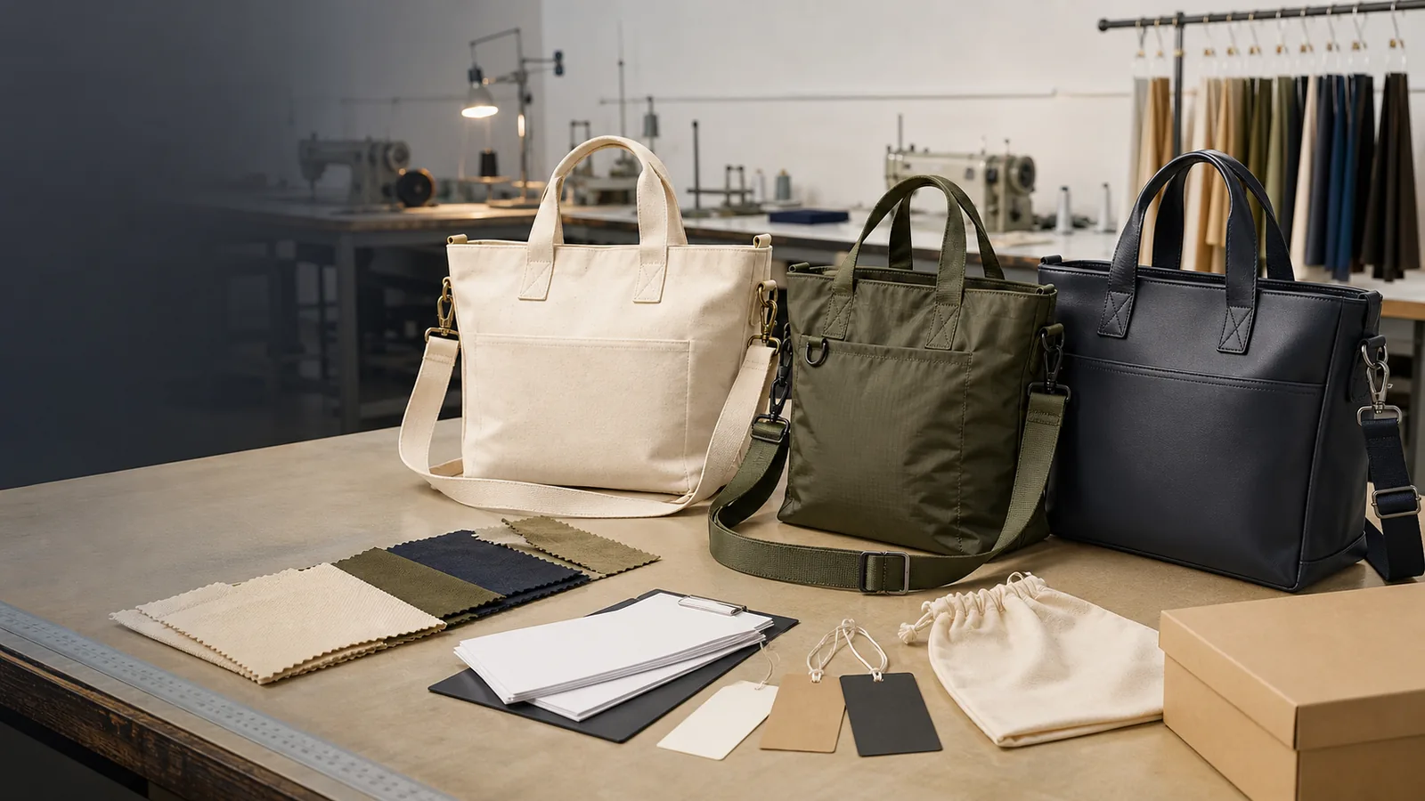 Custom 2-way tote bag samples with shoulder strap hardware being reviewed on a worktable