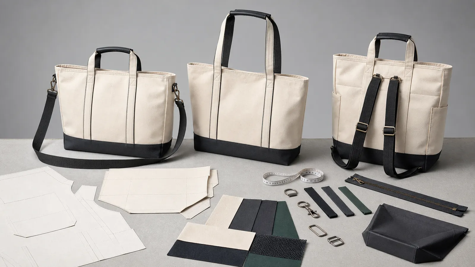 Custom tote bag samples comparing hand carry, shoulder carry, crossbody, and backpack-leaning structures