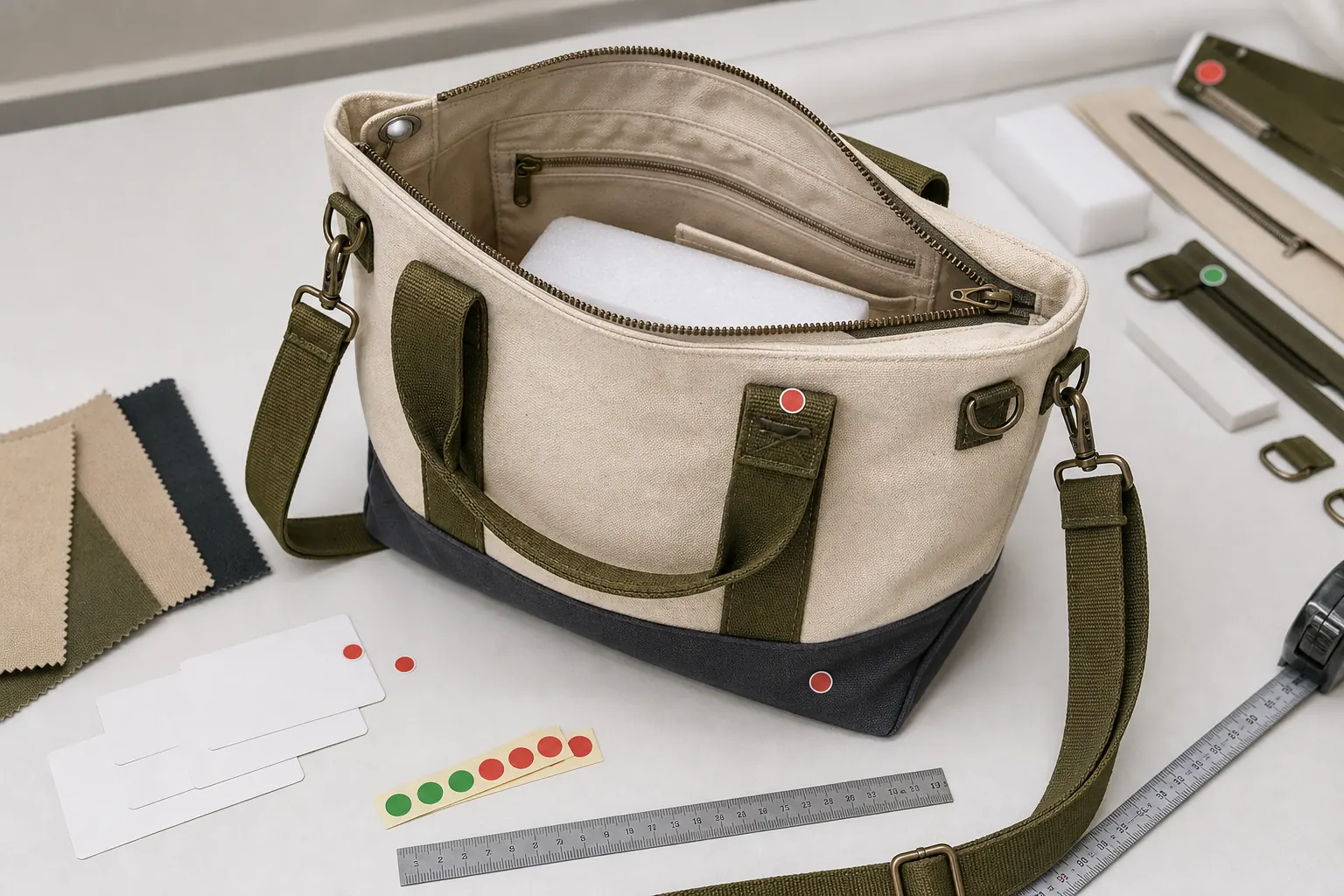Sample approval table checking hardware tabs, zipper, and inner pocket on custom 2-way tote bags