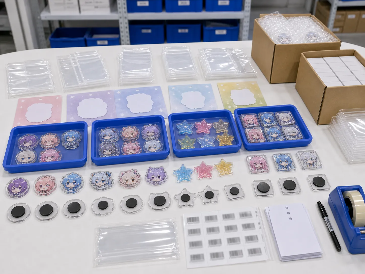 Custom acrylic magnets sorted by character SKU and retail packaging