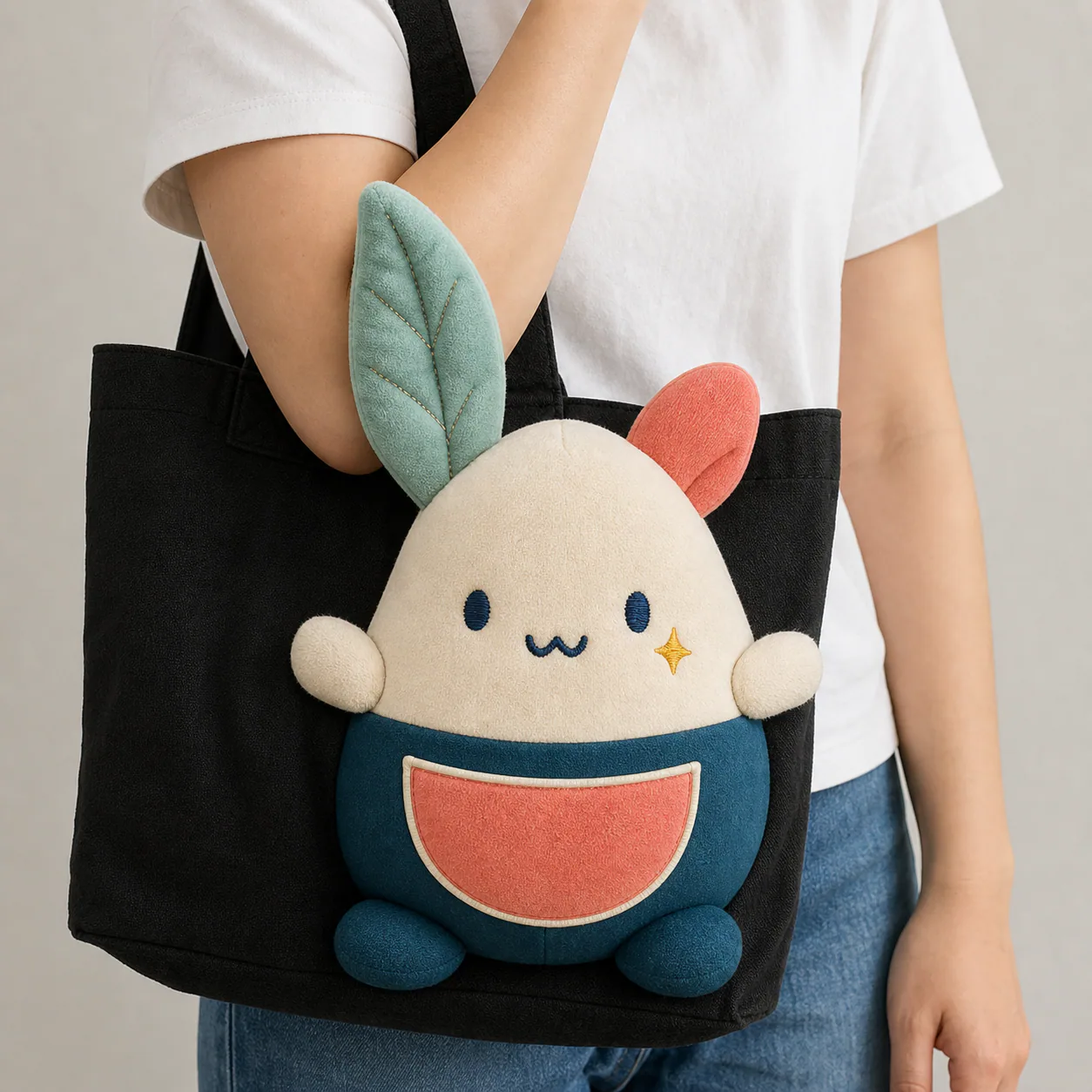 Concept lifestyle image of a dimensional character attached to a black canvas tote
