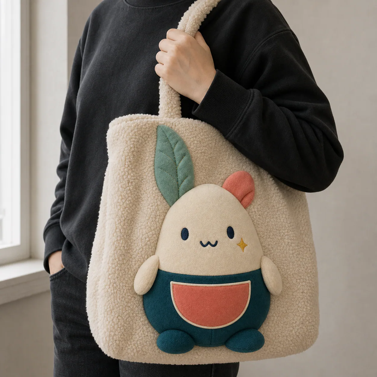 Concept view of a dimensional character-shaped sherpa tote bag