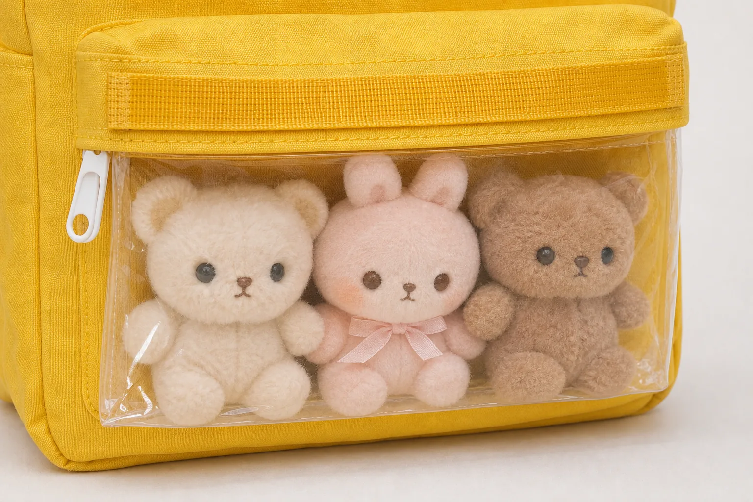 Clear display pocket detail for custom ita backpack Close-up of a clear display pocket holding small plush dolls on an ita backpack