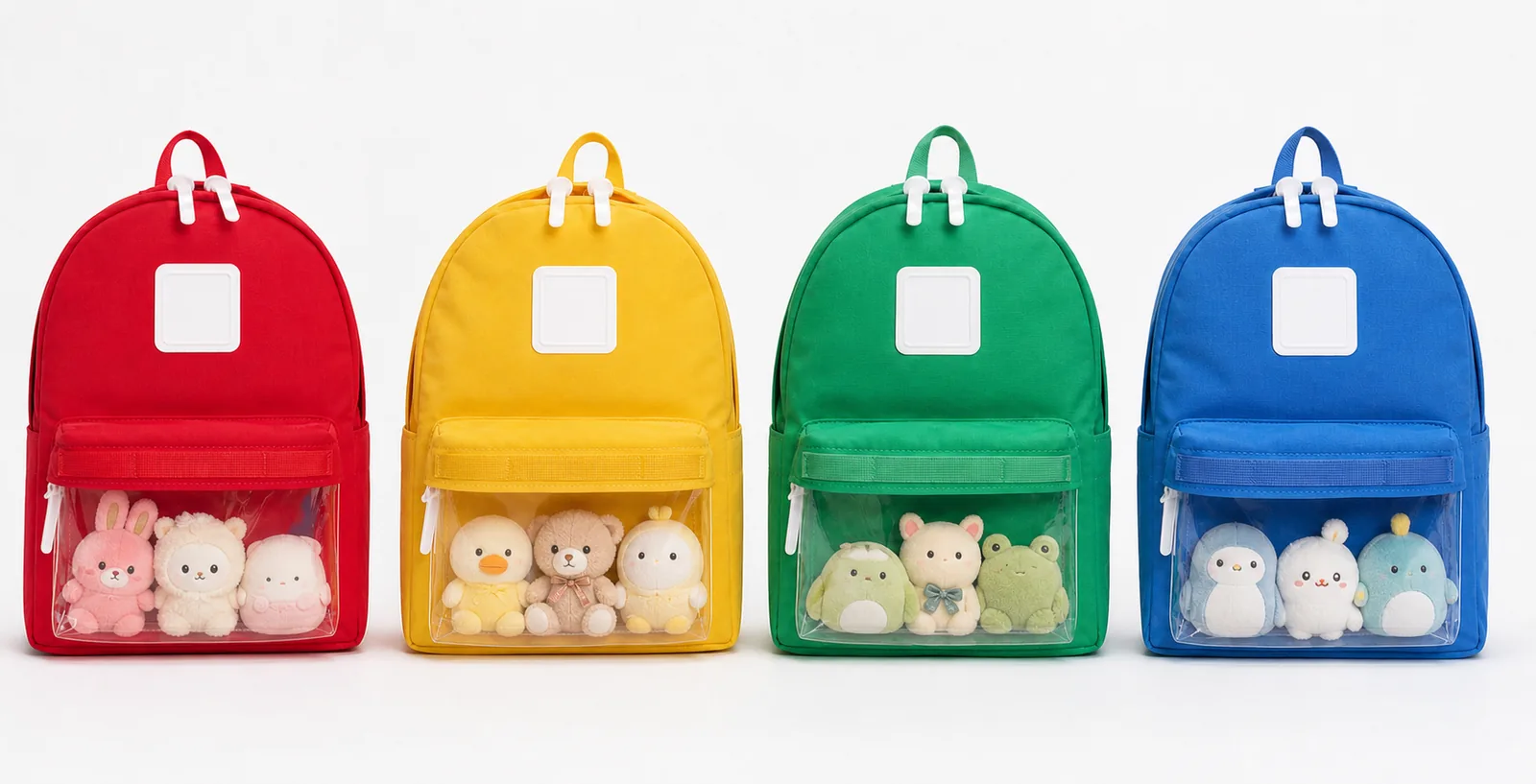 Four-color clear-window ita backpack SKU lineup Red yellow green and blue clear-window ita backpack SKU lineup for OEM production