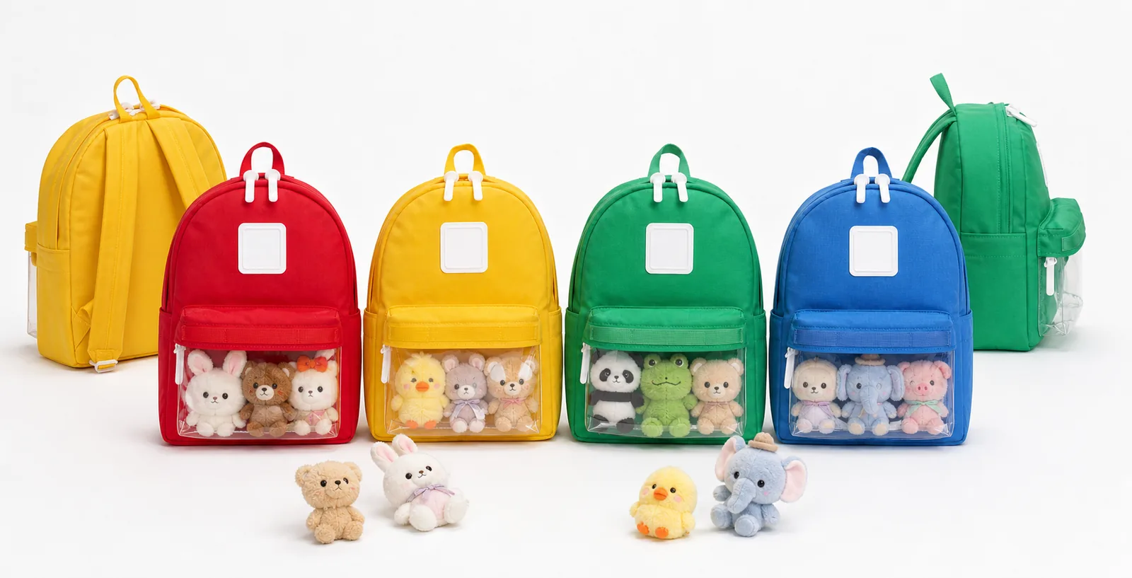 Custom clear-window ita backpack OEM collection Custom clear-window ita backpack OEM color collection with small plush display samples