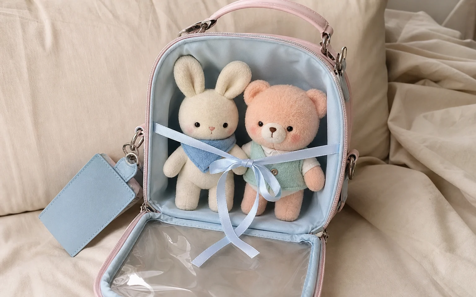 open interior of a custom convertible ita bag with original dolls and fixing ribbons
