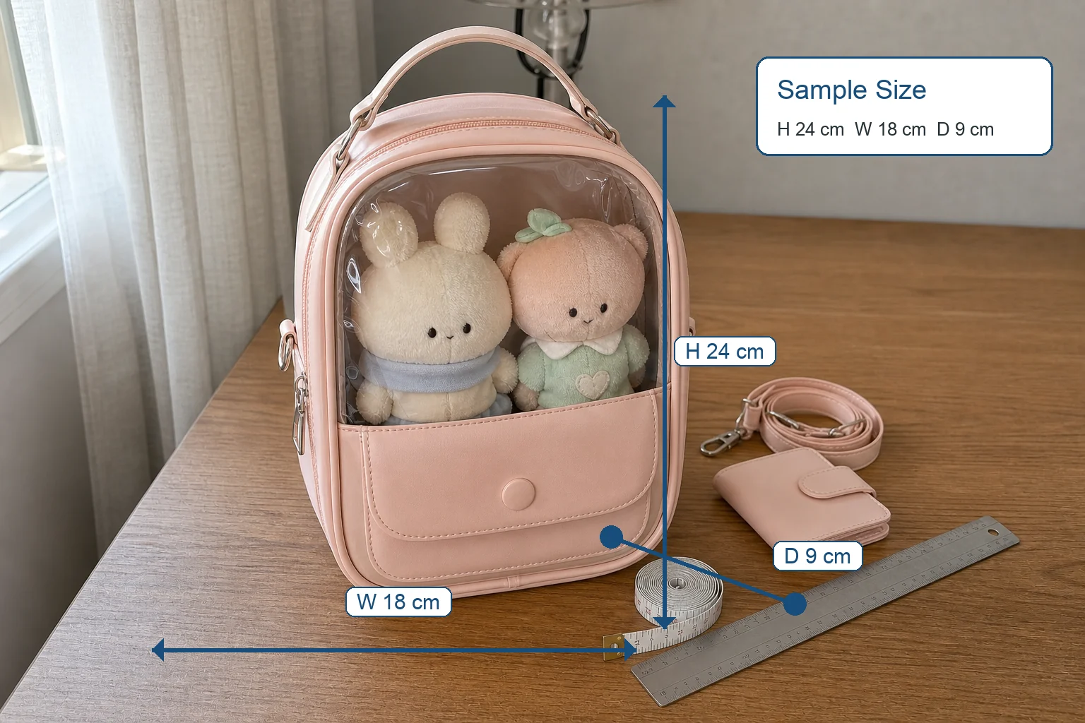 sample dimensions H24cm W18cm D9cm for a custom convertible ita bag