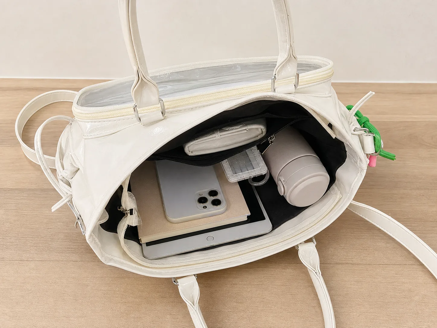 Custom ita bag interior capacity sample open interior capacity of a custom ita bag with phone tablet bottle and pouch