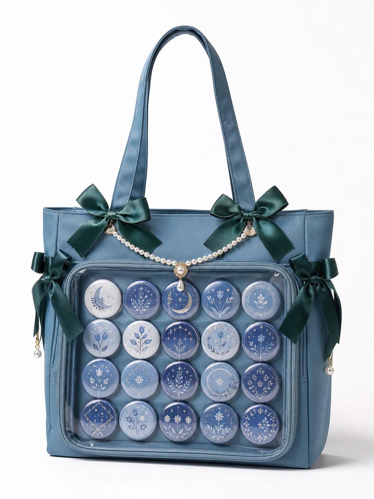 Teal tote-style custom ita bag with clear window, satin ribbon bows, pearl chain, and blue badge layout