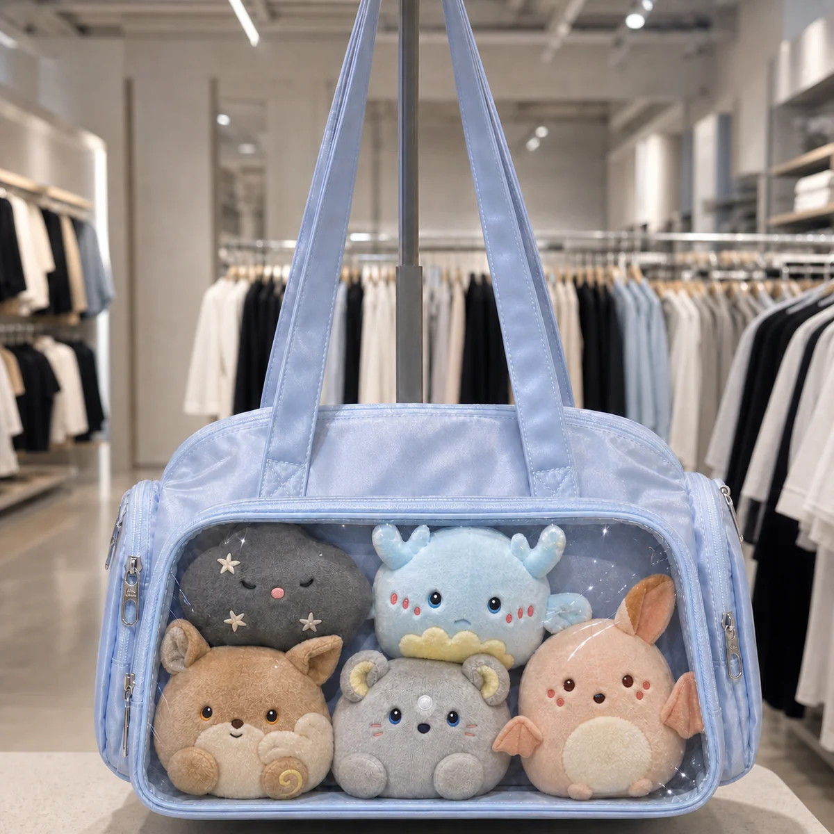 large Boston ita bag clear compartment loaded with five original plush inserts in two rows