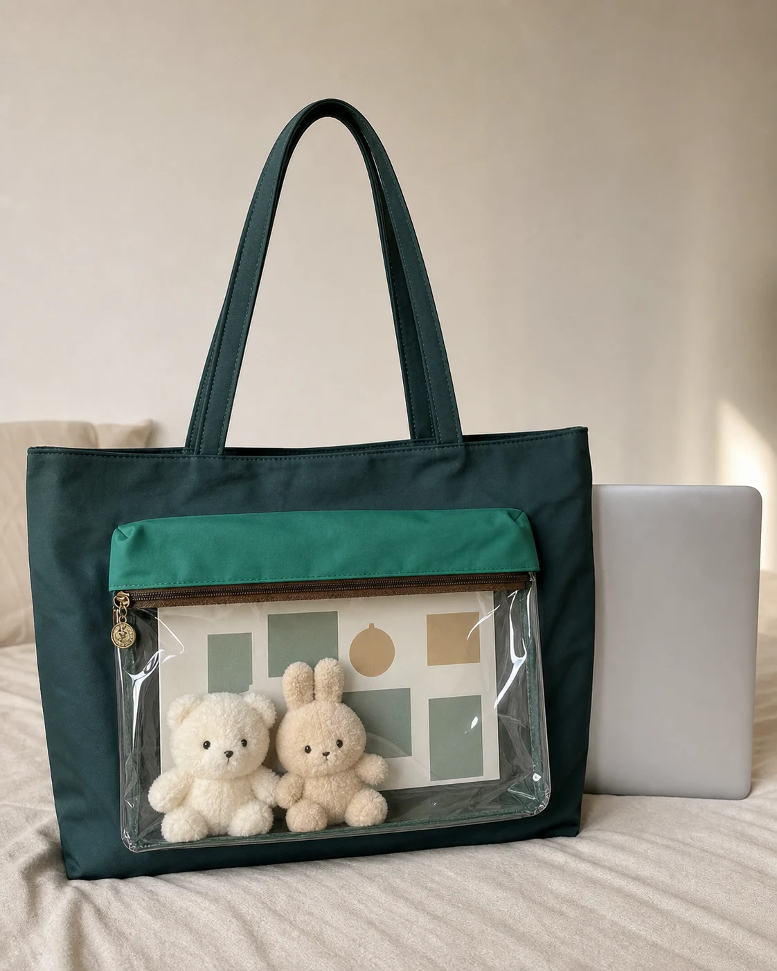 custom large tote ita bag placed beside a slim laptop to check A4 and commuting capacity
