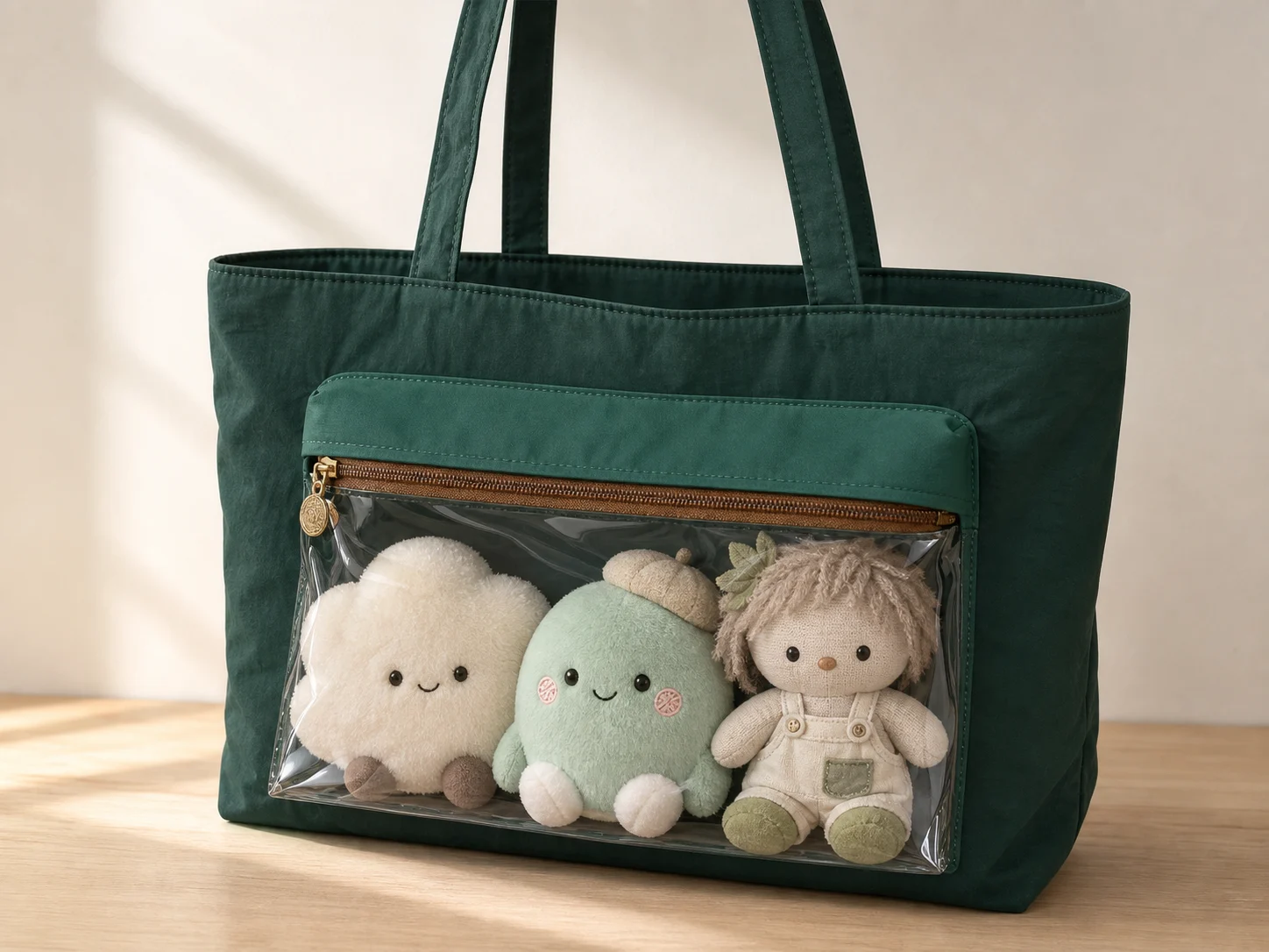 custom large tote ita bag with clear PVC window insert board and original plush display