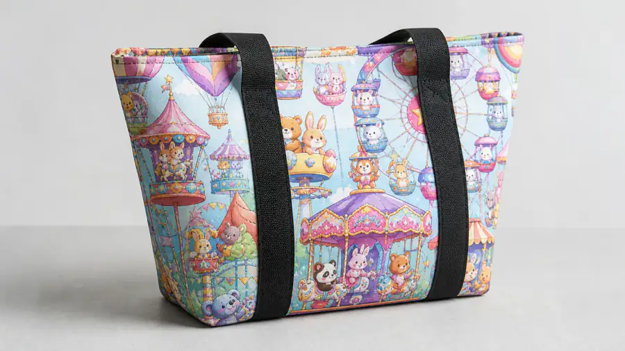 Large printed tote used as a boundary example for separating custom lunch tote bags from event tote orders