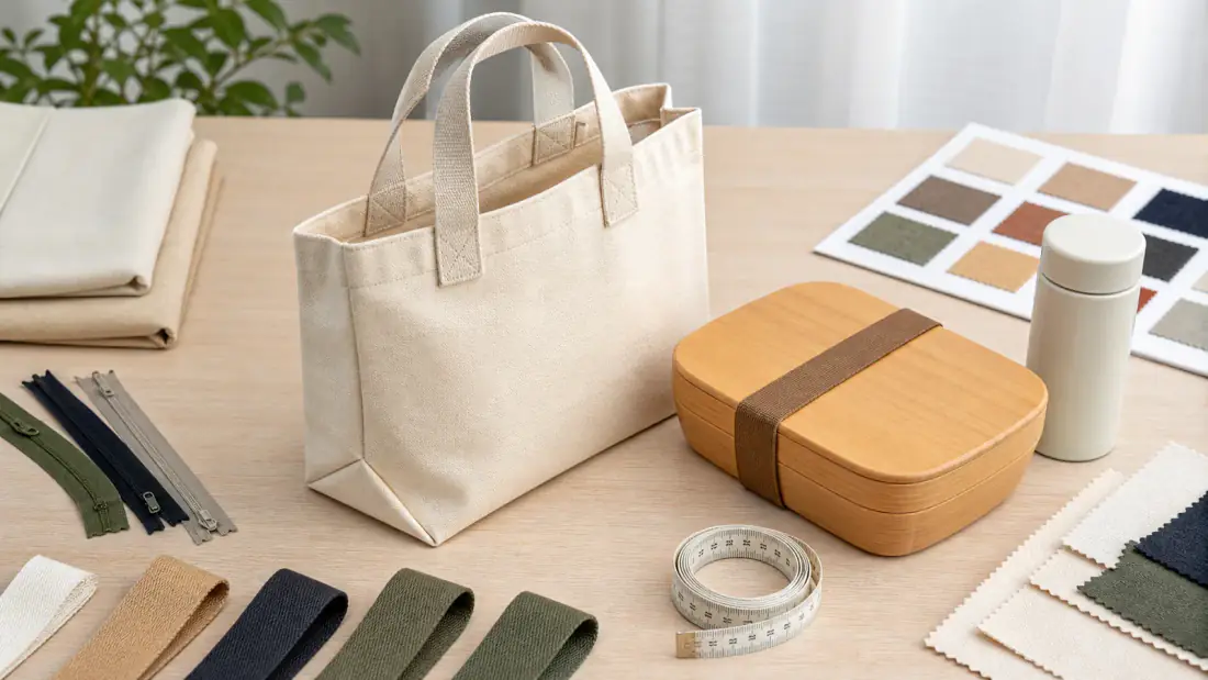 Specification diagram checking custom lunch tote bag dimensions, bottom gusset, opening, and handle length from bento box size