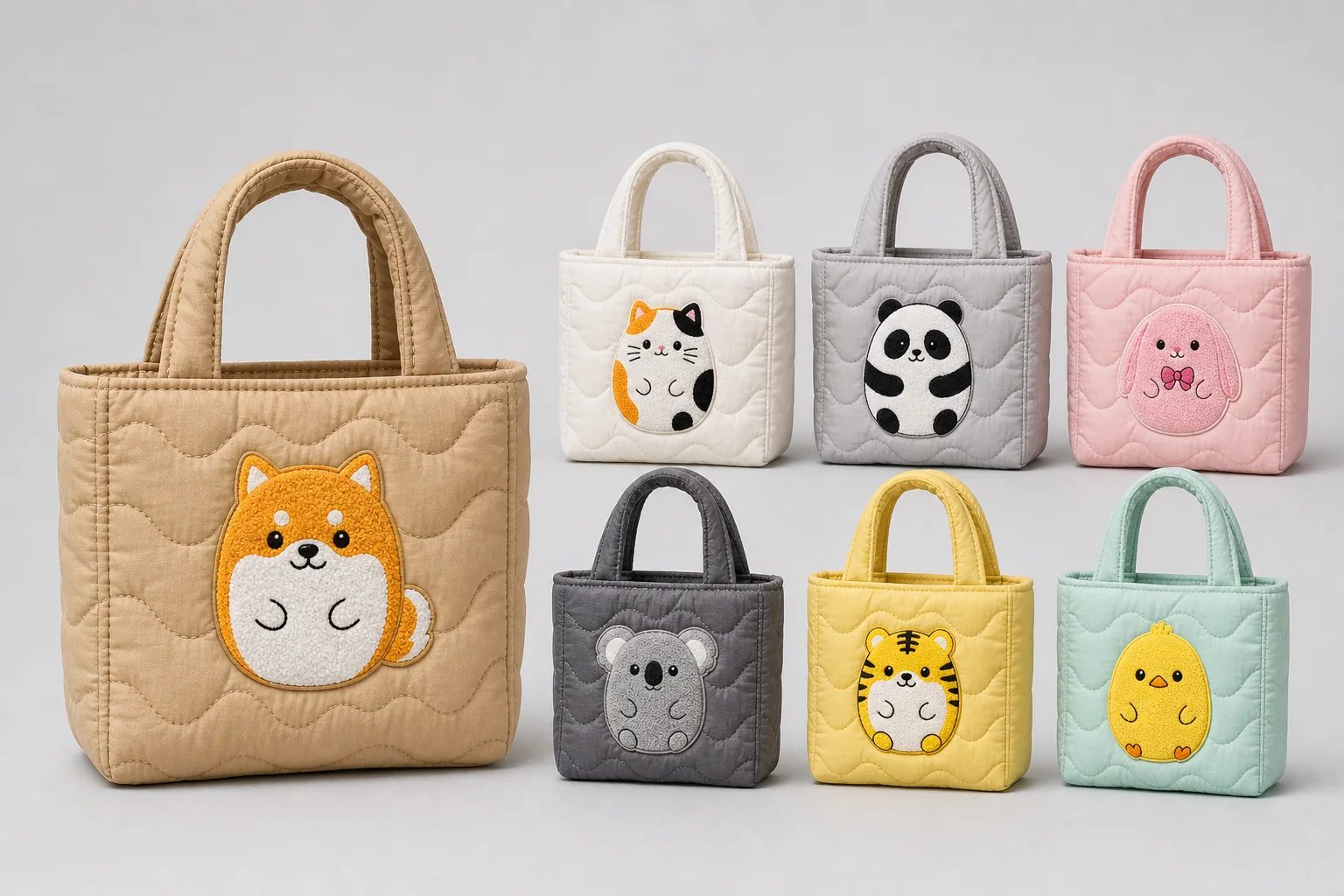 Color lineup of quilted mini tote bags with chenille embroidery patches