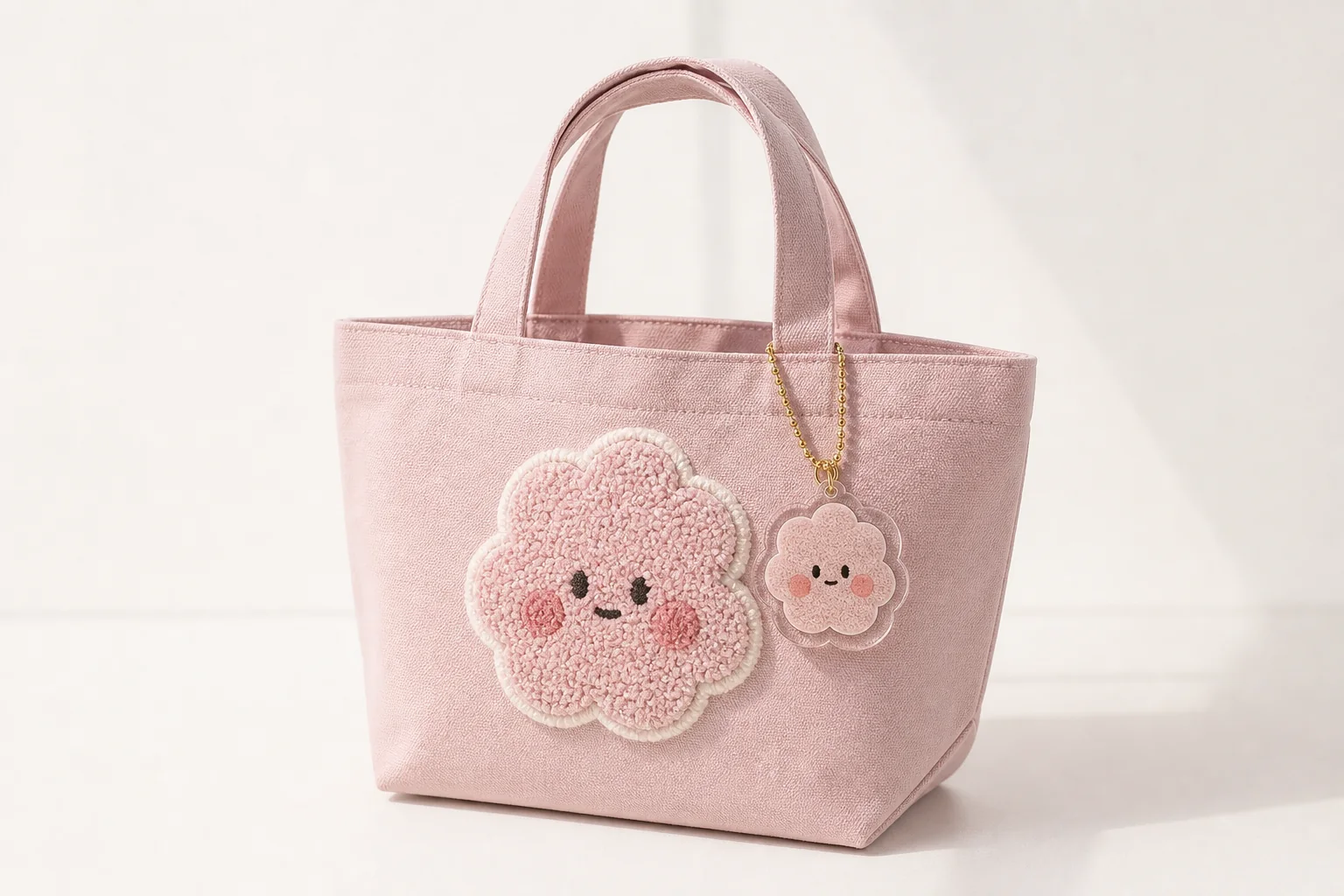 Pastel pink canvas mini tote with chenille embroidery and acrylic charm